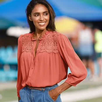 Dámská halenka Halenka na knoflíčky s macramé a volánkem mandarinka 52