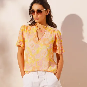 Dámská halenka Halenka s potiskem, recyklovaný polyester žlutá/růžová 46