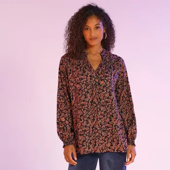 Dámská halenka Voálová halenka s potiskem květin nám.modrá/karamelová 36