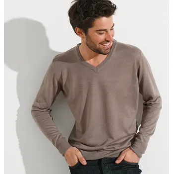 Pánský svetr Pulovr s výstřihem do V, 80 % vlna, 20 % polyamid hnědošedá 87/96