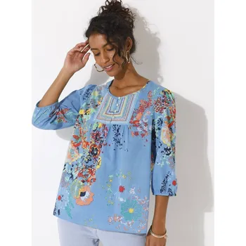 Dámská halenka Halenka s výšivkou a květinovým potiskem modrá/korálová 40