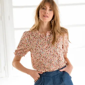 Dámská halenka Halenka s kulatým límečkem a potiskem korálová/režná 52