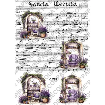 Výtvarný papír Rýžový a soft papír na decoupage - Levandule noty - KB0792 Materiál: Rýžový papír, Rozměr: A4