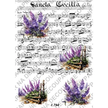 Umělecký papír Rýžový a soft papír na decoupage - Levandule noty - KB0794 Materiál: Soft, Rozměr: A4