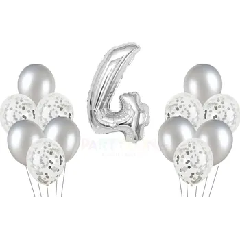 Party dekorace Stříbrný set balónky a foliový balónek číslo 4