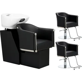 Kadeřnické křeslo Lincoln Sada Kadeřnický mycí box a 2x Kadeřnická hydraulická otočná křesla s podnožkou do kadeřnického salonu mycí box pohyblivá keramická mísa armatura baterie sprchová hlavice Z-83048-BK-SL