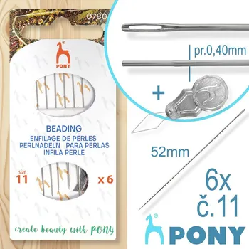 Sada JEHEL na navlékání korálků PONY č.11 balení 6Ks + navlékáček. Síla jehly 0,40mm délka 52mm.