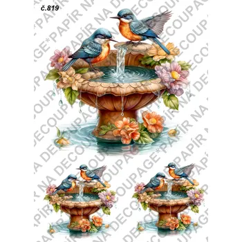 Umělecký papír Rýžový a soft papír na decoupage - Ptáček na kašně - KB0819 Materiál: Soft, Rozměr: A4