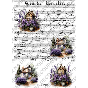 Umělecký papír Rýžový a soft papír na decoupage - Levandule noty - KB0793 Materiál: Soft, Rozměr: A4