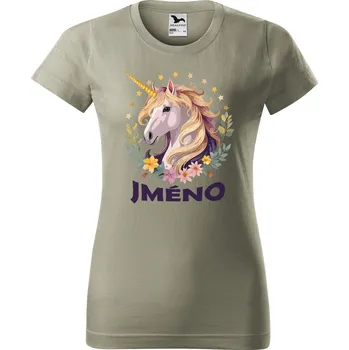 Dámské tričko s potiskem Jednorožec se jménem Barva trička: Světlá khaki - 28, Velikost: 2XL