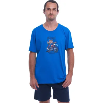 Pánské pyžamo Modré pánské pyžamo s krátkým rukávem a kraťasy MEDVĚD MOTORKÁŘ 1P1925 modrá xxl