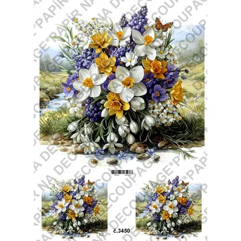 Umělecký papír Rýžový a soft papír na decoupage - Kytice jarní s pozadím - KB03450 Materiál: Soft, Rozměr: A4