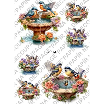 Umělecký papír Rýžový a soft papír na decoupage - Ptáček na kašně - KB0824 Materiál: Soft, Rozměr: A4