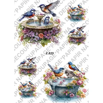 Umělecký papír Rýžový a soft papír na decoupage - Ptáček na kašně - KB0823 Materiál: Soft, Rozměr: A4