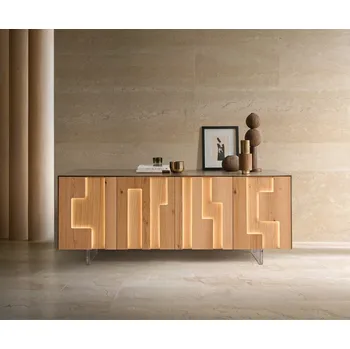 Komoda Příborník Taka 200 cm metalická zlatá 4 dvířka akrylová podnož