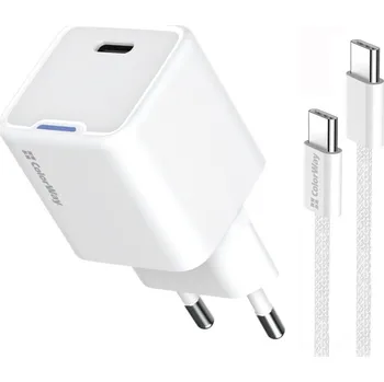 COLORWAY 1x USB-C/ síťová nabíječka/ GaN/ PD/ PPS/ 25W/ Včetně 100cm kabelu/ Bílá