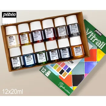 Speciální výtvarná barva Sada barev VITRAIL. Obsah SADY 12x20ml č.20, 23, 12, 21, 33, 37, 36, 17, 34, 30, 15, 38