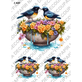 Umělecký papír Rýžový a soft papír na decoupage - Ptáček na kašně - KB0820 Materiál: Soft, Rozměr: A4