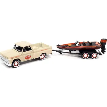 autíčko Chevy Stepside Pick-up 1965 w/Bass Boat a Trailer 1:64 - Johnny Lightning Chevrolet with Bass Boat - sběratelský model autá 1/64