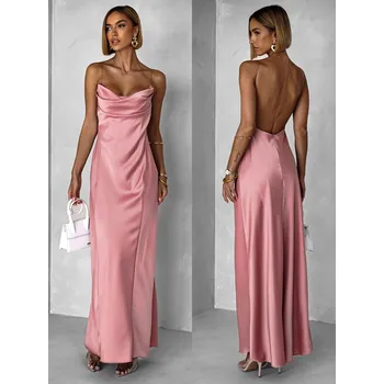 Dámské šaty Starorůžové dlouhé saténové šaty UNUTA s odhalenými zády Velikost: ONESIZE