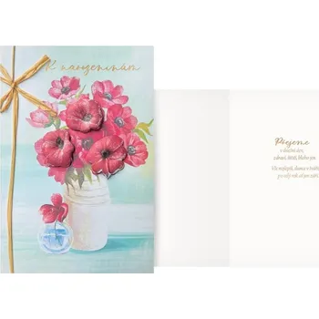 Přání srdečné s červenými květy ve váze