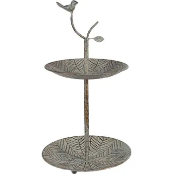 Zelenohnědý kovový dekorační dvoupatrový etažér s ptáčkem Birdie - Ø 26*48 cm