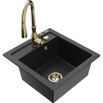 Granitový dřez Mexen Vito granitový dřez s 1 komorou s kuchyňskou baterií Savita, černý/stříbrný metalický - 6503-73-672601-50 Granitové dřezy s baterií