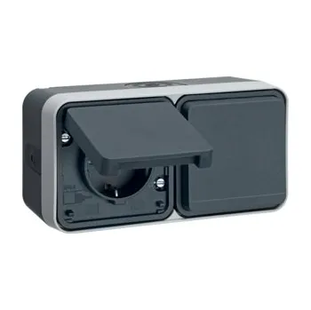 Elektrická zásuvka Dvojzásuvka SCHUKO s dětskou pojistkou, vodorovná, 4 průchodky, komplet., IP 55, Berker W.1, sv. šedá, mat