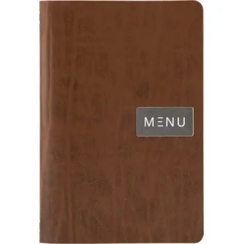 Jídelní lístek Securit A5, lepená kůže, kovový štítek, desén Ruga, hnědá