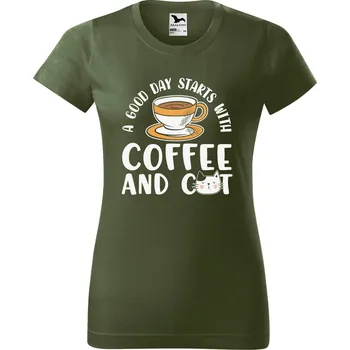Dámské tričko DOBRÝ TRIKO Dámské tričko s potiskem Coffee and cat Barva: Khaki, Velikost: M
