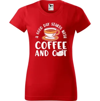Dámské tričko DOBRÝ TRIKO Dámské tričko s potiskem Coffee and cat Barva: Červená, Velikost: XL