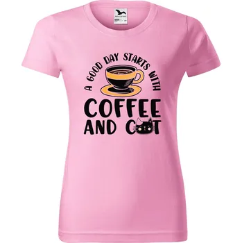 DOBRÝ TRIKO Dámské tričko s potiskem Coffee and cat Barva: Růžová, Velikost: 2XL