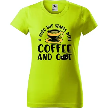 Dámské oblečení DOBRÝ TRIKO Dámské tričko s potiskem Coffe and cat Barva: Limetková, Velikost: 2XL