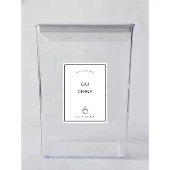 Samolepící etiketa ČAJ ČERNÝ – bílá samolepka na dózu, základní písmo, 6 × 8 cm | DomaLEP