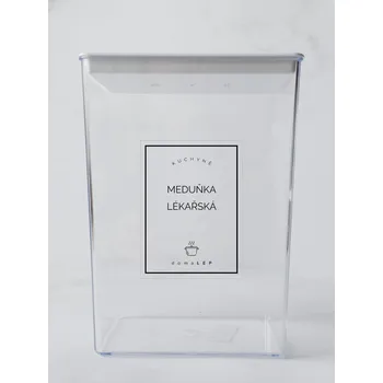 Samolepící etiketa MEDUŇKA LÉKAŘSKÁ – průhledná samolepka na dózu, základní písmo, 6 × 8 cm | DomaLEP