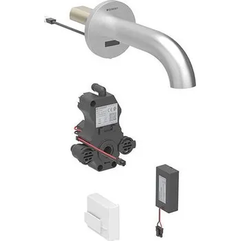 Vodovodní baterie Geberit Piave umyvadlová nástěnná baterie bez směšovače, 22 cm, napájení z&nbsp;baterie, pro funkční box pod omítku, nerez kartáčovaná easy-to-clean