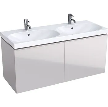 Koupelnový nábytek Geberit Acanto skříňka pod dvojité umyvadlo se dvěma zásuvkami 119x47,6x53,5 cm, lakovaný matný/pískově šedý, sklo lesklé/pískově šedé