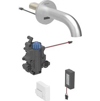 Vodovodní baterie Geberit Piave umyvadlová nástěnná baterie s termost. směšovačem, 17 cm, napájení z&nbsp;baterie, pro funkční box pod omítku, nerez kartáčovaná easy-to-clean