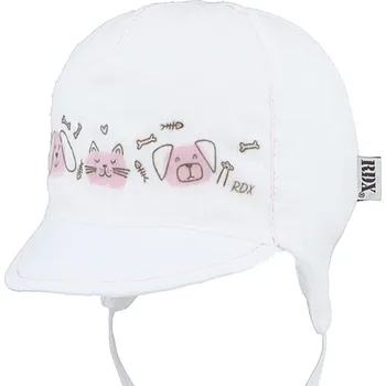 Kojenecká čepice RDX Kojenecká kšiltovka vázací bílo-růžová pejsek a kočička Vel. 40