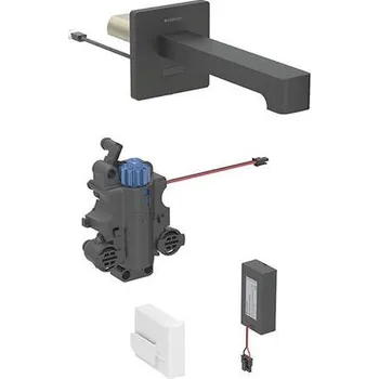 Vodovodní baterie Geberit Brenta nástěnná umyvadlová baterie, 22 cm, napájení z baterie, pro funkční box pod omítku, s termost. směšovačem, černá mat easy-to-clean