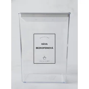 Samolepící etiketa KÁVA BEZKOFEINOVÁ – průhledná samolepka na dózu, tučné písmo, 6 × 8 cm | DomaLEP