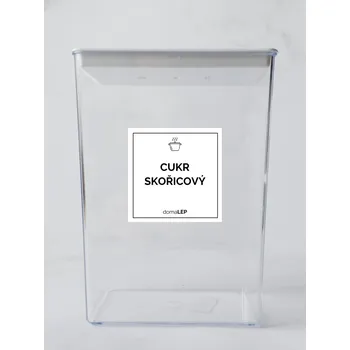 Speciální papír Samolepka na dózu CUKR SKOŘICOVÝ – bílá, 5 × 5 cm, tučné písmo