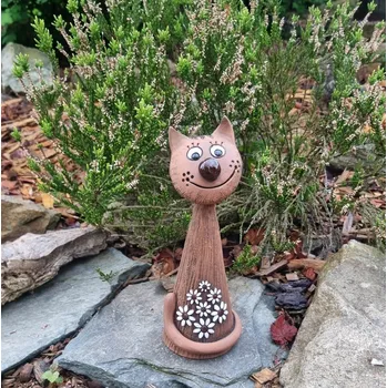 Zahradní dekorace Keramická kočička - s bílými květy 25 cm - tmavá