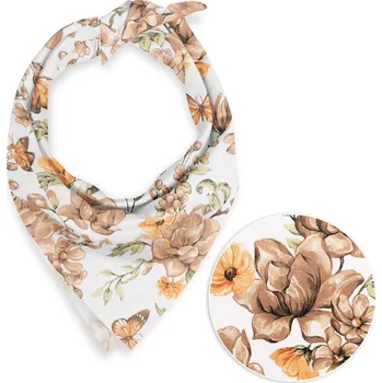 Bavlněný šátek Sandra SA-458 Hnědé květy magnolie s motýlky na bílém 55 x 55 cm