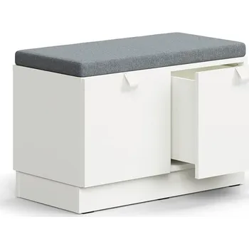 Policová skříň Lavice s úložným prostorem QBUS, šedý podsedák, 2 zásuvky, sokl, úchytky, 534x800x420 mm, bílá