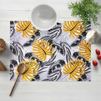 prostírání Bavlněné prostírání na stůl Sandra SA-177 Okrové a šedé tropické listy 35x45 cm