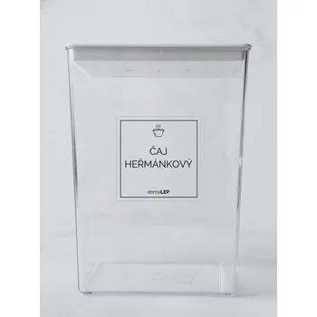 Samolepící etiketa ČAJ HEŘMÁNKOVÝ – průhledná samolepka na dózu, základní písmo, 5 × 5 cm | DomaLEP