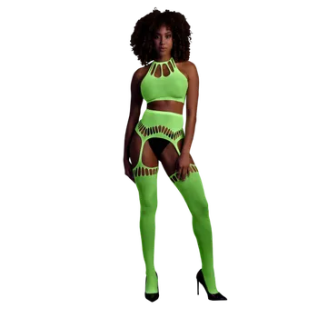 Dámská erotická souprava Ouch! by Shots Two Piece with Crop Top and Stockings - One Size - Neon Green
