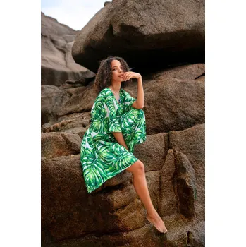 Dámské šaty Himalife Šaty s širokými rukávy Monstera - zelená s bílou Velikost: 4XL/5XL - Móda pro plnoštíhlé, Oblečení nadměrné velikosti