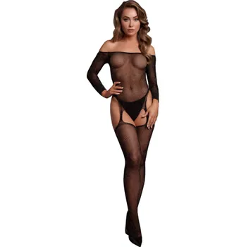 Le Désir by Shots Shimmering Off the Shoulder Bodystocking - One Size - Black/Gold Glitter
